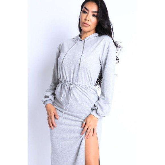 Dresses & Skirts - Women's Long Sleeves Side Slit Hooded Casual Dress S M L Gray Dress